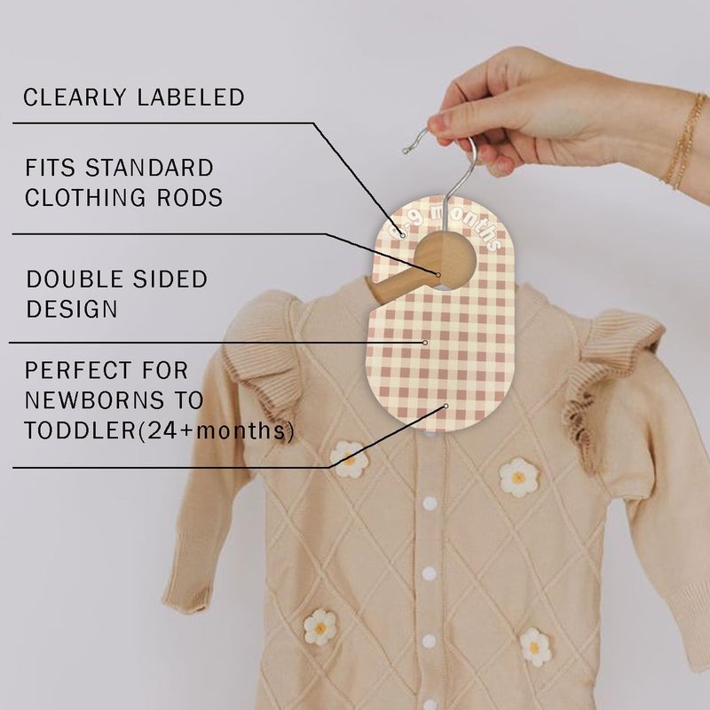 eoscasely Baby Closet Divider, Baby Wardrobe Organizer, Double-Sided Pastel Gingham Design, Nursery Decor Clothes Hanger Dividers for Sorting 8 Sizes from Newborn to 12+ Months - Image 3